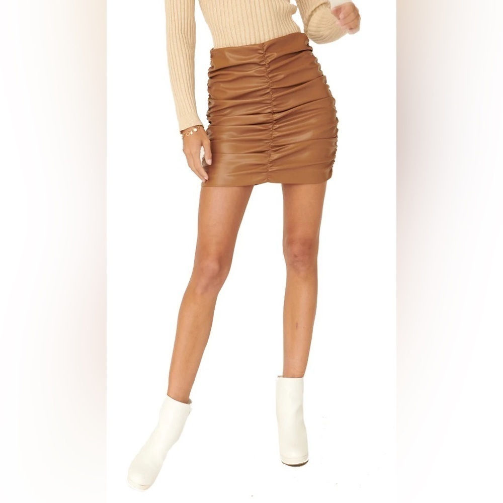 ASTR The Label Cappuccino Brown Faux Leather Ruched Bodycon Mini Skirt Size S